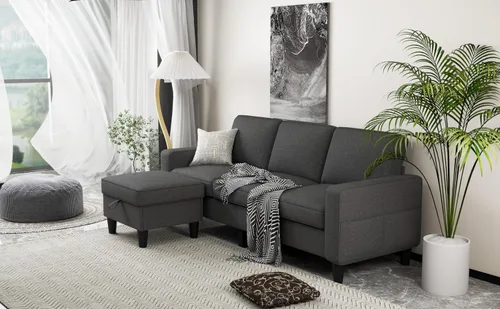 Vista 4 de ZeeFu Sofá para sala de estar – Sofá seccional en forma de L de lino beige de 78 pulgadas con otomana de almacenamiento – Moderno sofá tapizado