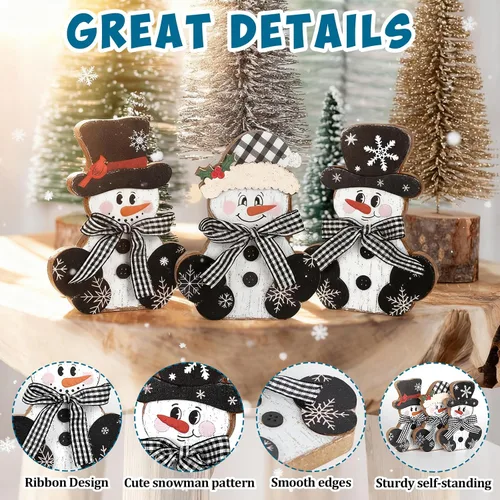 Vista 3 de 3 piezas de centros de mesa de Navidad en madera, decoración rústica de muñeco de nieve para mesa, señales de mesa de Navidad, bloques de decoración