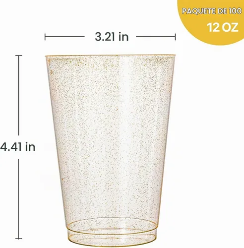 Vista 2 de N9R 100 vasos de plástico dorados de 12 onzas, purpurina dorada desechable, elegantes vasos de boda y fiesta