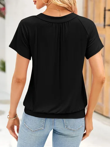 Vista 2 de Bodosalia Camisetas de manga corta con cuello en V para mujer, estilo casual, plisadas, lisas, de verano, básicas, túnica