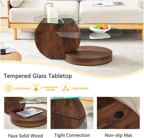 Vista 7 de Ebullient Mesa de centro redonda moderna de cristal, 3 niveles con base de madera, mesa central geométrica para sala de estar, muebles de acento