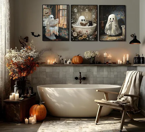 Vista 2 de 3 pósteres de fantasmas de Halloween, arte de pared, fantasmas de terror y gato negro en el baño, decoración de pared, imágenes góticas oscuras