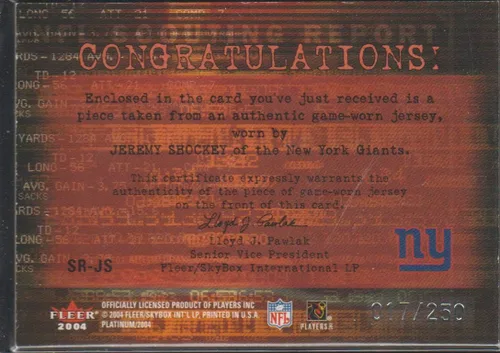 Vista 2 de 2004 Fleer Platinum Jeremy Shockey Giants 17/250 Game Used Jersey Football Card #SR-JS