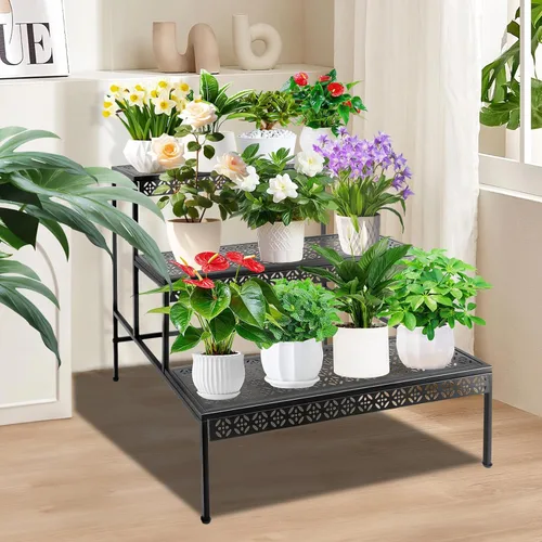 Vista 9 de Soporte de metal para plantas de 3 niveles, soporte para macetas de flores, soporte para plantas escalonadas, organizador de almacenamiento al aire
