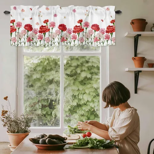 Vista 3 de Cenefa floral para ventanas, cortinas de clavel rojo y rosa, cenefas con bolsillo para barra, cenefa de ventana para primavera, vacaciones, día