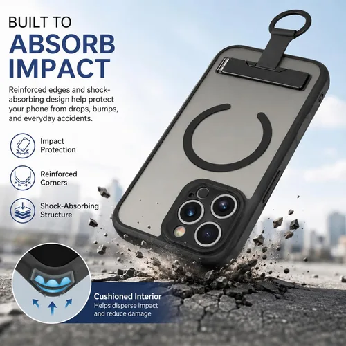 Vista 3 de Funda para iPhone 16 Pro Max, compatible con Magsafe, color negro Funda magnética mate translúcida, agarre de anillo de dedo, soporte ajustable