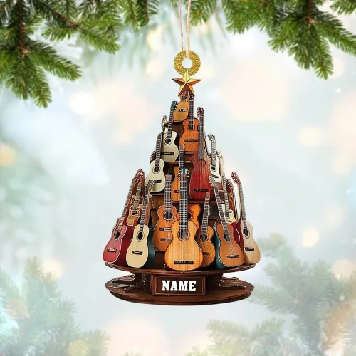 Vista 3 de Adorno de guitarra personalizado 2025, adorno de Navidad de guitarra acústica con nombre personalizado, regalo para guitarristas y amantes