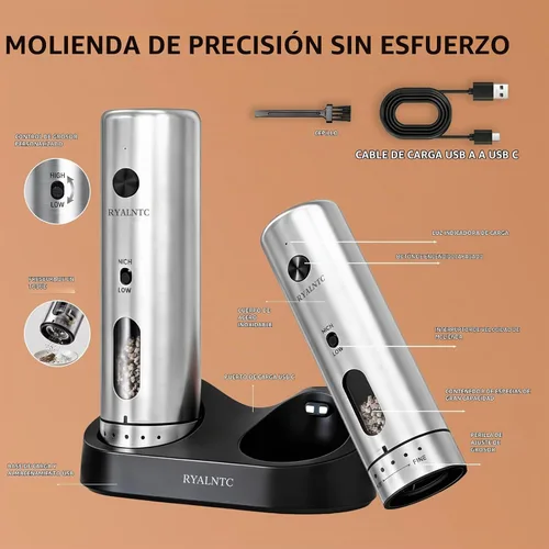 Vista 2 de Juego de molinillo eléctrico de sal y pimienta con base recargable, salero y pimentero automático de acero inoxidable, ajuste mejorado de 2