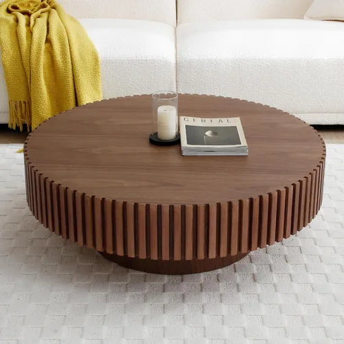 Vista 8 de Mesa de centro redonda acanalada de 31.49 pulgadas para sala de estar, mesa de café moderna de mediados de siglo con pedestal resistente, mesa