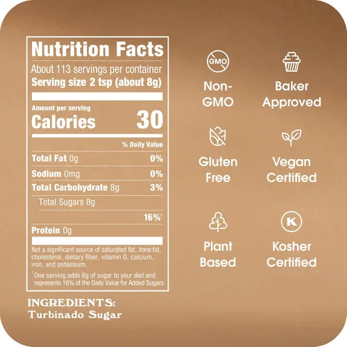 Vista 2 de Azúcar cruda/no refinada, 32 oz por caja Azúcar turbinado puro, totalmente natural, proyecto verificado sin OMG, Kosher, vegano y sin gluten