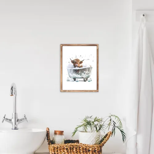 Vista 4 de Arte Divertido de Pared para Baño con Imágenes de Vaca de las Tierras Altas Escocesas, Decoración de Pared, Vaca Tierna en Bañera, Impresiones