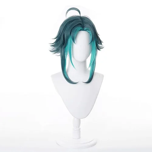 Vista 5 de Lwiuentx Genshin Impact Cosplay Xiao Short Drak Green Blue Peluca de pelo sintético para hombres y mujeres, fiesta de Halloween + gorra de peluca