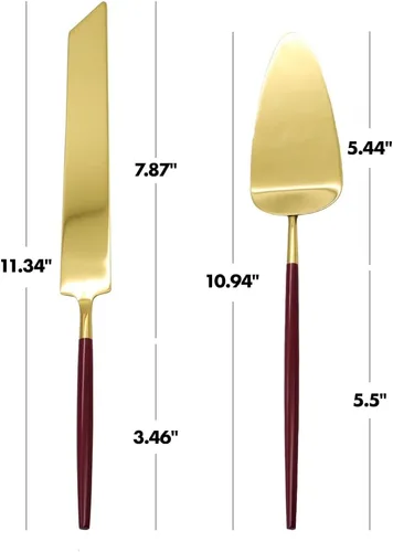 Vista 3 de Koyal Wholesale Juego de cuchillo y servidor para pastel de boda burdeos, cortador de pasteles y servidor con mango dorado para novia y novio, juego