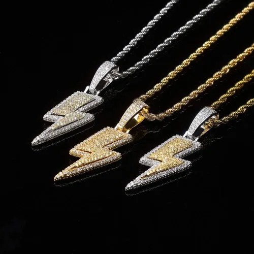 Vista 3 de KMASAL Jewelry Iced Out Lightning Pendant Necklace 18K Gold Plated Bling CZ Simulated Diamond Hip Hop Rapper Chain Necklace for Men Women