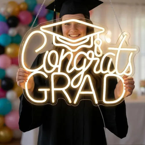 Vista 4 de Letrero de Felicitaciones Graduación Neón 2025 - Decoración de Graduación USB Blanca Cálida para Telón de Fondo, Dormitorio, Noche de Prom
