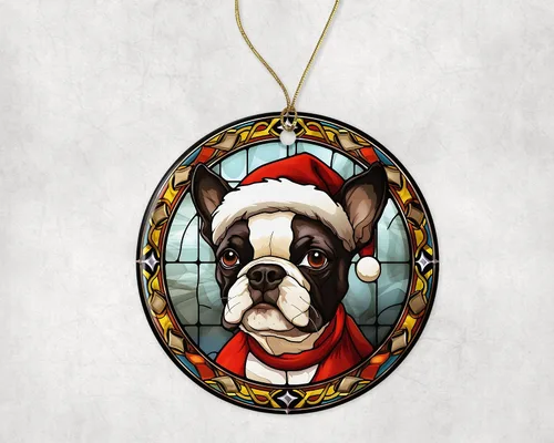 Vista 3 de Boston Terrier - Adorno de cerámica de vitral de Navidad, adorno colgante para árbol de Navidad, adorno de vitral de perro, adorno religioso