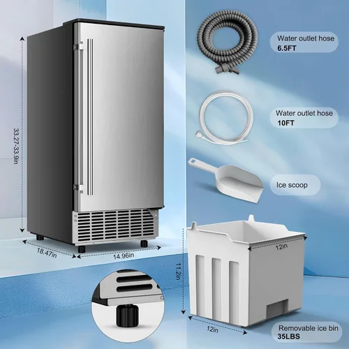 Vista 5 de Máquina de hielo debajo del mostrador, 95 libras/día con contenedor de almacenamiento de 35 libras, 40 cubos en 10 minutos, puerta reversible