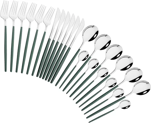 Vista 23 de Juego de cubiertos de 24 piezas, juego de cubiertos de acero inoxidable con espejo, cucharas, tenedores, cuchillos, diseño moderno, servicio para 6
