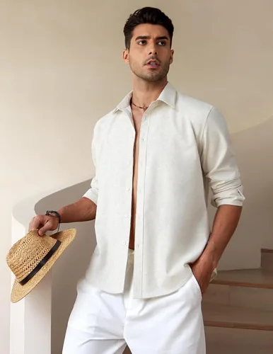 Vista 2 de COOFANDY Camisas casuales de lino de manga larga con botones para hombre