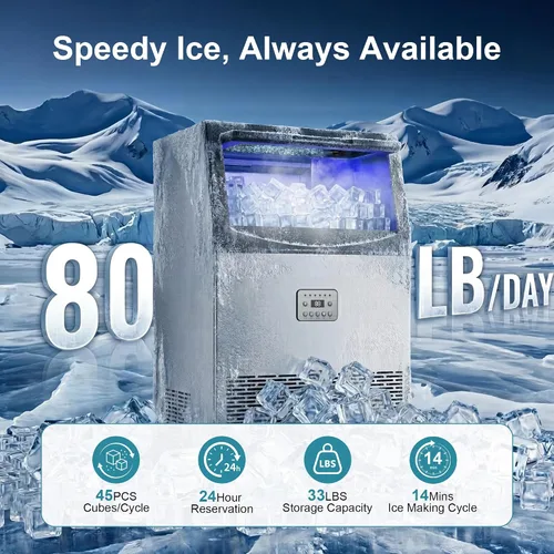 Vista 2 de Máquina comercial para hacer hielo, 80 libras/24 horas, máquina de hielo transparente con almacenamiento de 33 libras, debajo del mostrador