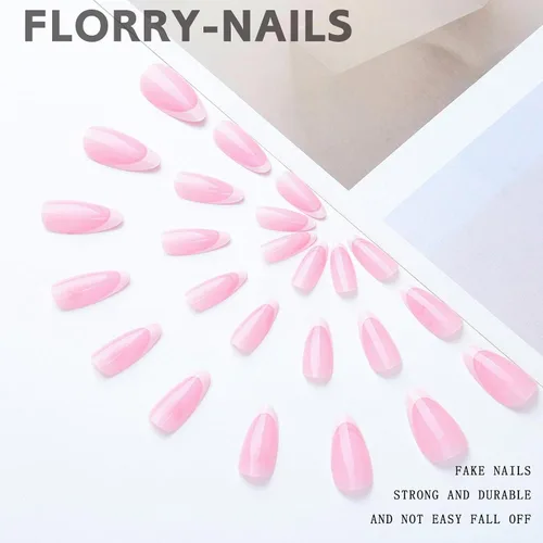 Vista 6 de Florry Uñas postizas cortas a presión para el día de San Valentín, uñas postizas cortas con corazón rosa para mujer, uñas postizas de almendra