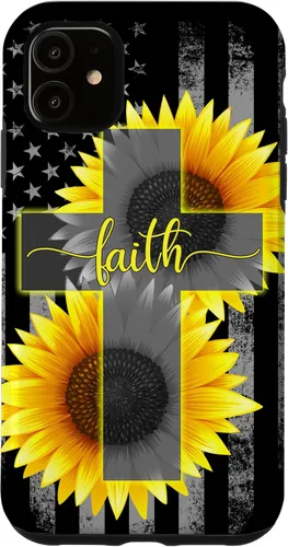 Vista 8 de Faith Jesus Cross Sunflower American Flag Patriotic Black Case for iPhone 17