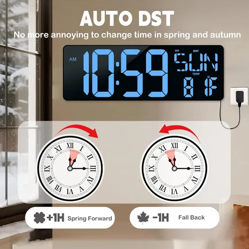 Vista 4 de Reloj de pared digital con pantalla grande: reloj digital LED de 16.5 pulgadas con control remoto, fecha, semana, DST automático, brillo ajustable