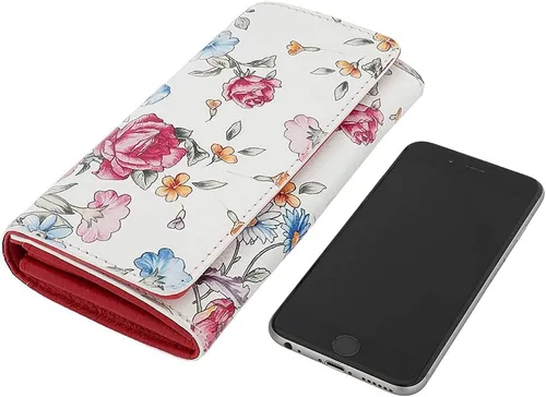 Vista 5 de Fioretta Cartera italiana de cuero genuino para mujeres organizador de tarjetas de crédito patrón de flores, Rojo-floral, Cartera con cremallera