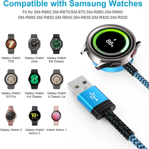 Vista 3 de Cargador de reloj Samsung para Galaxy Watch8 Classic/7/6 Cable de carga USB magnético inalámbrico cable de carga de 3 pies con adaptador QC para Azul