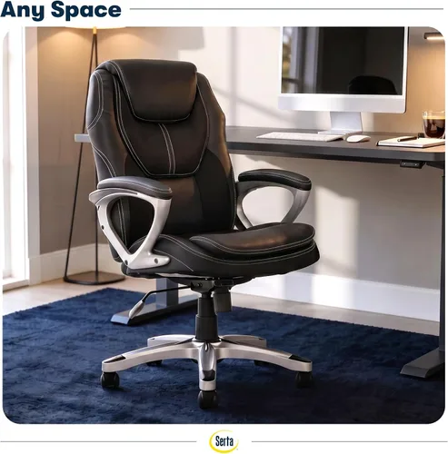 Vista 2 de Silla Serta, Negro Contoured Lumbar Lower Back Support, Back Pain Relief Chair, Adjustable Height and Recline, Work From Home Desk Chair, Black
