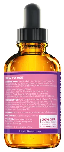 Vista 3 de Leven Rose Aceite de rosa mosqueta suero facial de noche, 100% puro orgánico natural suero de aceite de rosa mosqueta para piel seca, 1 onza