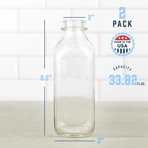 Vista 2 de kitchentoolz Botellas de leche cuadradas de vidrio de 32 onzas con tapas, recipiente de leche de vidrio perfecto para refrigerador, jarras de 1