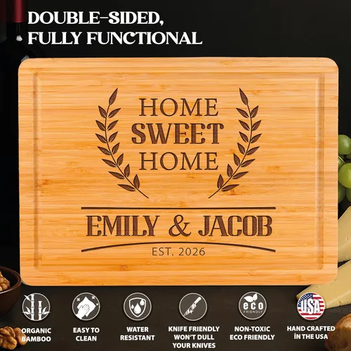 Vista 4 de Tabla de cortar personalizada de regalo para Navidad, ideas de regalo para pareja propietaria de casa, tabla de cortar de bambú personalizada Home