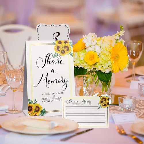Vista 7 de Zonon 50 tarjetas de memoria con diseño de girasol, con texto en inglés "Share a Memory Card", para celebración de la vida, decoración de bodas