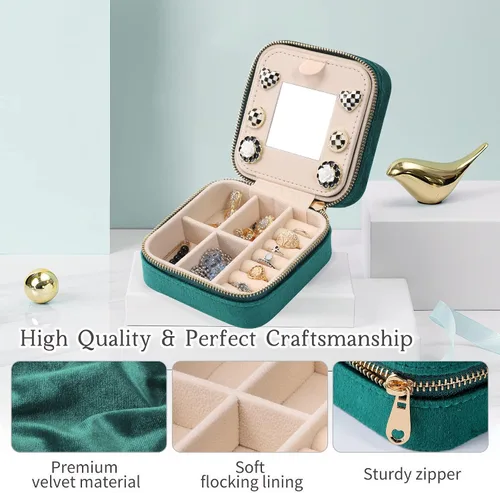 Vista 5 de Dajasan Joyero de viaje de terciopelo, mini estuche de joyería de viaje, pequeño organizador de joyas de viaje portátil con espejo para mujeres