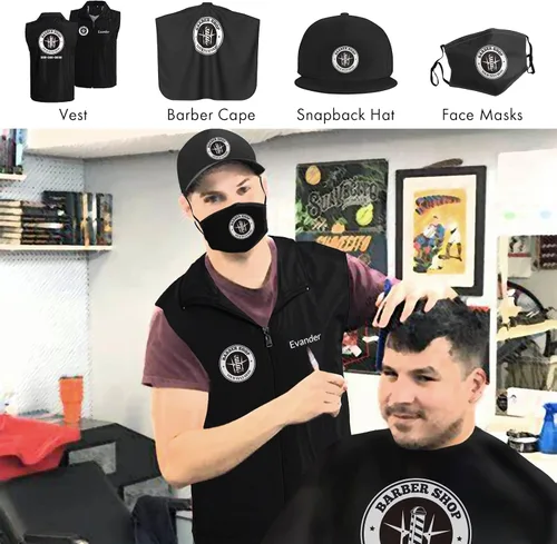 Vista 4 de Chaleco de peluquero personalizado para hombre, ropa de trabajo con logotipo de peluquería personalizada, chaqueta con nombre de peluquero, uniforme