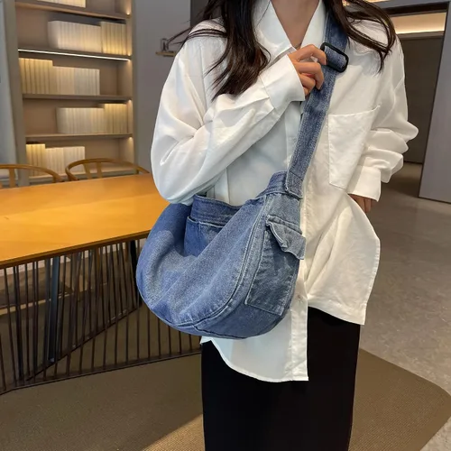 Vista 6 de Bolso bandolera de mezclilla, bolso cruzado grande tipo hobo, bolso de hombro casual, bolso de mano de jean para mujeres y hombres