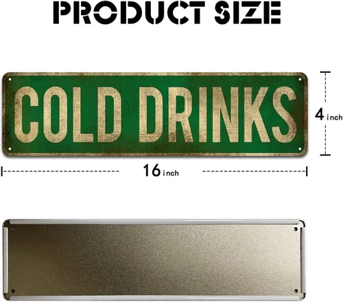 Vista 2 de KooLL Letrero de aluminio con texto en inglés "Cold Drinks", letrero de metal divertido para decoración de pared para dormitorio, hogar, bar