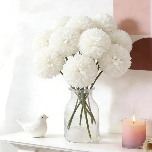 Vista 16 de Mini flores artificiales de crisantemo, 10 tallos de pompón sintético para arreglos de jarrón, decoración del hogar (beige)