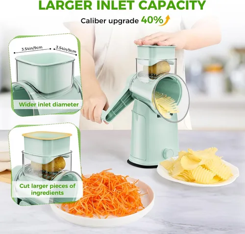 Vista 4 de Rallador de queso giratorio 7 en 1 mejorado con asa, triturador de verduras con ranura de almacenamiento incorporada, 5 cuchillas versátiles, base