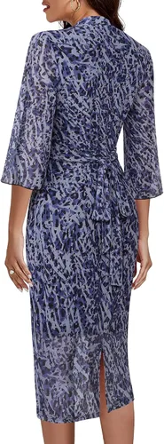Vista 5 de Bodhi talk Vestido de malla con volantes y manga 34, cuello en V, doble capa, vestido de tubo ajustado hasta la rodilla para mujer