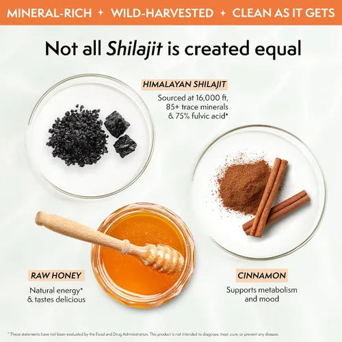 Vista 4 de Shilajit del Himalaya de 400 mg para hombres con miel, canela, barras energéticas para llevar y apoyo inmunológico para mujeres, 75% más de ácido