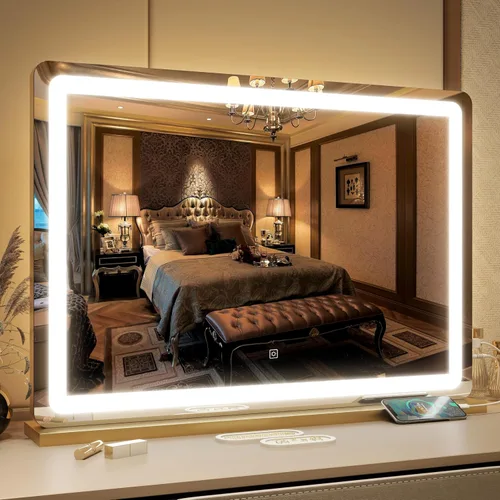 Vista 16 de FENNIO - Espejo de tocador con luces, espejo de maquillaje iluminado LED, pantalla táctil con 3 modos de iluminación, regulable, para mesa