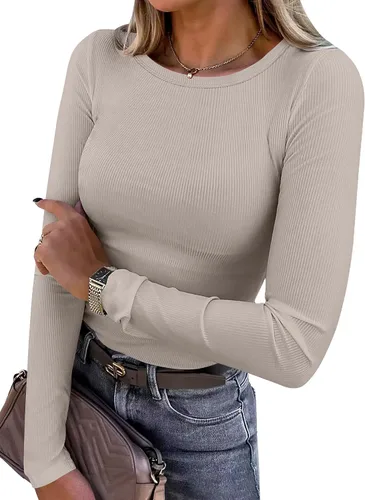 Vista 36 de ANRABESS - Camisetas de manga larga para mujer, de punto acanalado, ajustadas, básicas, 2025, informales, para usar a capas o debajo del uniforme