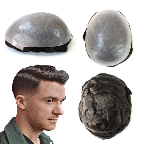 Vista 10 de Natural Mens sistema de reemplazo de cabello humano real caballeros humano negro hairpieces piel fina polivinílica V Looped Mens Toupee Unit #1B