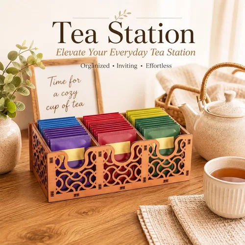 Vista 2 de Wooden Tea Bag Organizer with Decorative Cutout 3 Compartments