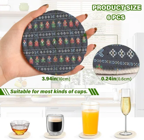 Vista 3 de 6 Pcs Drink Coasters with Holder Retro Nutcracker Snowflake Blue Coasters for Drinks Absorbent Woven Decorative Coaster for Kitchen Apartment Decor