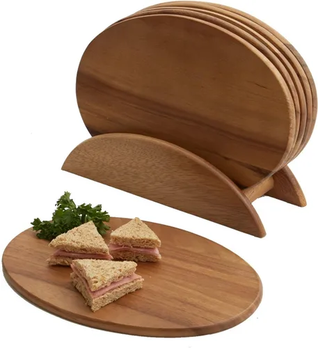 Vista 10 de Woodard & Charles 6 tablas de servir de madera de acacia con soporte, perfectas para servir, sushi, queso, aperitivos de obra, embutidos Marrón