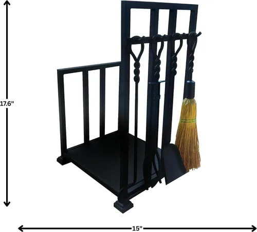 Vista 3 de UniFlame Soporte para troncos de leña negro de 5 piezas con herramientas de chimenea (mangos de anillo/giro)