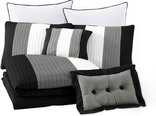 Vista 2 de Chezmoi Collection Loft - Juego de edredón de lujo a rayas de 8 piezas (tamaño matrimonial, negro/gris/blanco)